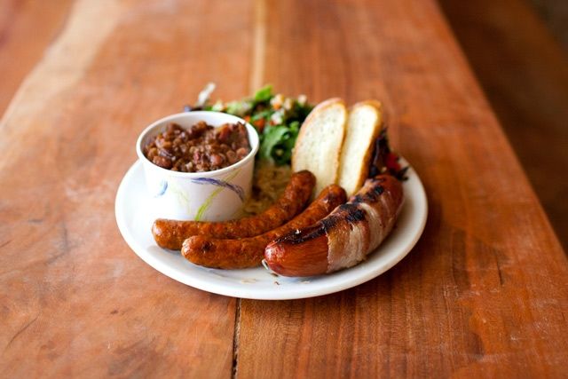 Sausage plate with chicken merguez sausage and mission street sausage.
